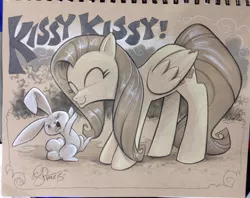 Size: 1024x809 | Tagged: angelbetes, angel bunny, angel is a bunny bastard, artist:andypriceart, cute, derpibooru import, disgusted, duo, fluttermom, fluttershy, kissy face, monochrome, safe, shyabetes, traditional art