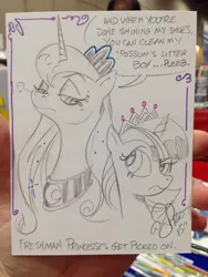 Size: 768x1024 | Tagged: source needed, useless source url, safe, artist:andypriceart, derpibooru import, princess luna, twilight sparkle, twilight sparkle (alicorn), alicorn, pony, female, hazing, implied tiberius, mare, new crown, plebeian, traditional art