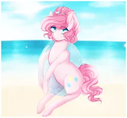 Size: 3000x2783 | Tagged: artist:cristate, beach, derpibooru import, float, inner tube, lollipop, pinkie pie, safe, solo