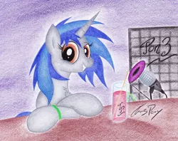 Size: 1024x810 | Tagged: safe, artist:thechrispony, derpibooru import, vinyl scratch, oc, oc:homage, unofficial characters only, pony, unicorn, fallout equestria, fanfic, drink, fanfic art, female, hooves, horn, looking at you, mare, microphone, smiling, solo, teeth, traditional art