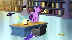 Size: 1920x1080 | Tagged: safe, derpibooru import, screencap, twilight sparkle, twilight sparkle (alicorn), alicorn, pony, do princesses dream of magic sheep, bookshelf, derp, desk, female, flying books, lidded eyes, mare, mid-blink screencap, monster book