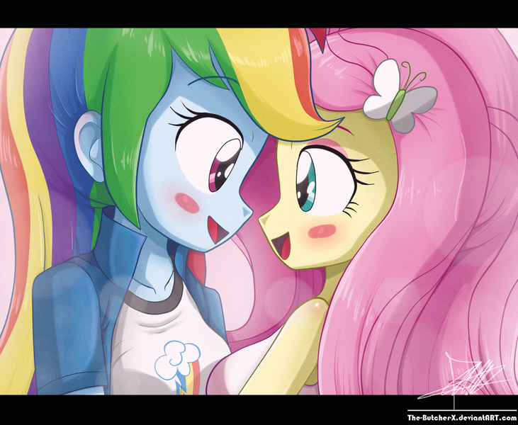 Size: 1227x1007 | Tagged: safe, artist:the-butch-x, derpibooru import, fluttershy, rainbow dash, equestria girls, blushing, clothes, cute, female, flutterdash, lesbian, shipping