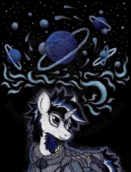 Size: 885x1160 | Tagged: safe, artist:inkbleederwolf, derpibooru import, oc, oc:jacob star seeker, unofficial characters only, pony, unicorn, armor, astronaut, colored pencil drawing, magic, planet, science fiction, solo, space, spacesuit, stars, traditional art