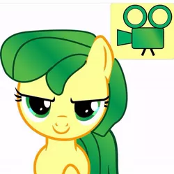 Size: 639x637 | Tagged: safe, artist:claire corlett, derpibooru import, oc, oc:green screen, unofficial characters only, earth pony, pony, claire corlett, cutie mark, needs more jpeg, simple background, smirk, solo, white background