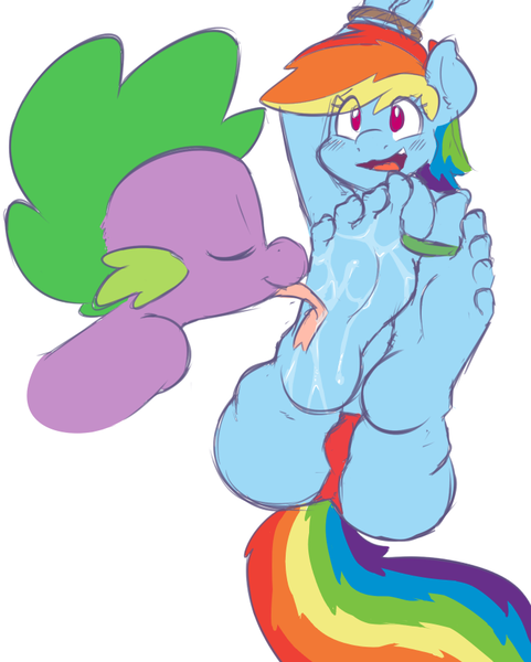 Size: 699x872 | Tagged: questionable, artist:sweethd, derpibooru import, rainbow dash, spike, anthro, plantigrade anthro, barefoot, blushing, bondage, clothes, drool, drool string, feet, female, foot fetish, foot worship, licking, licking foot, male, maledom, panties, rainbowspike, saliva on feet, shipping, simple background, soles, straight, tickling, toe tied, toes, tongue out, underwear, wet feet, white background