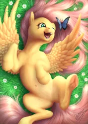 Size: 1860x2630 | Tagged: safe, artist:bluespaceling, derpibooru import, fluttershy, butterfly, pegasus, pony, behaving like a dog, belly button, cute, detailed, featureless crotch, female, grass, happy, mare, on back, shyabetes, solo, underhoof