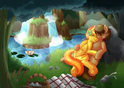 Size: 1280x904 | Tagged: safe, artist:sugaryviolet, derpibooru import, spitfire, oc, oc:chocolate chips, earth pony, pegasus, pony, blushing, canon x oc, clover, crepuscular rays, cuddling, cute, eyes closed, female, firechips, forest, four leaf clover, freckles, grass, grin, male, mare, nature, on back, outdoors, picnic, scenery, shipping, side, smiling, snuggling, stallion, straight, underhoof, water, waterfall