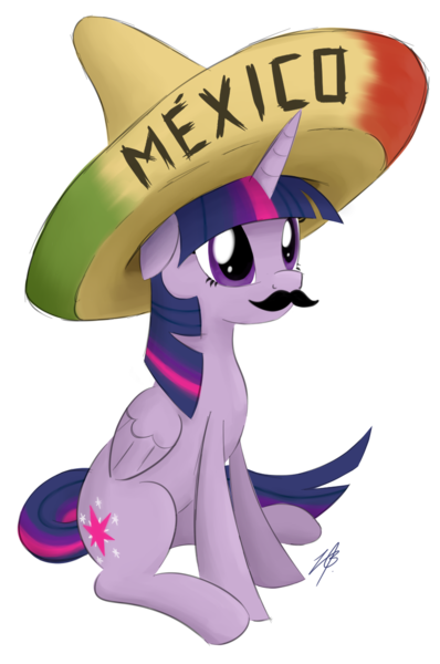 Size: 875x1320 | Tagged: safe, artist:bojo, derpibooru import, twilight sparkle, twilight sparkle (alicorn), alicorn, pony, cute, cutie mark, facial hair, female, floppy ears, hat, hooves, horn, mare, mexico, moustache, simple background, sitting, solo, sombrero, transparent background, wings