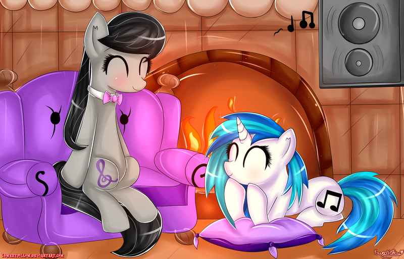 Size: 2164x1387 | Tagged: artist:vixelzf, blushing, chair, couch, cute, derpibooru import, eyes closed, fireplace, music, music notes, octavia melody, pillow, safe, sitting, smiling, speakers, subwoofer, vinyl scratch