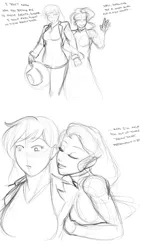 Size: 858x1440 | Tagged: source needed, suggestive, artist:eve-ashgrove, derpibooru import, applejack, rarity, human, comic, dialogue, eyes closed, female, frown, grin, humanized, jewelry, lesbian, monochrome, necklace, rarijack, shipping, sketch, smiling, teasing, wide eyes