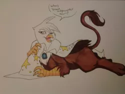 Size: 1280x960 | Tagged: dead source, safe, artist:collaredginger, derpibooru import, gilda, gryphon, cape, clothes, grimdark source, hat, implied trixie, solo, the great and powerful gilda, traditional art