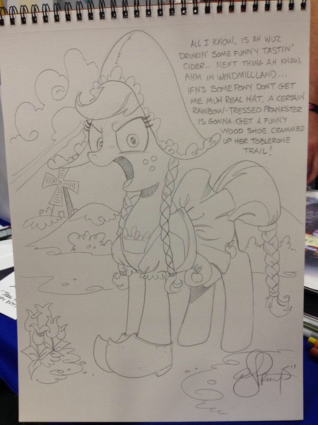 Size: 768x1024 | Tagged: andy you magnificent bastard, applejack, artist:andypriceart, braid, clogs, clothes, costume, derpibooru import, dress, dutch cap, hat, monochrome, netherlands, safe, solo, traditional art, windmill