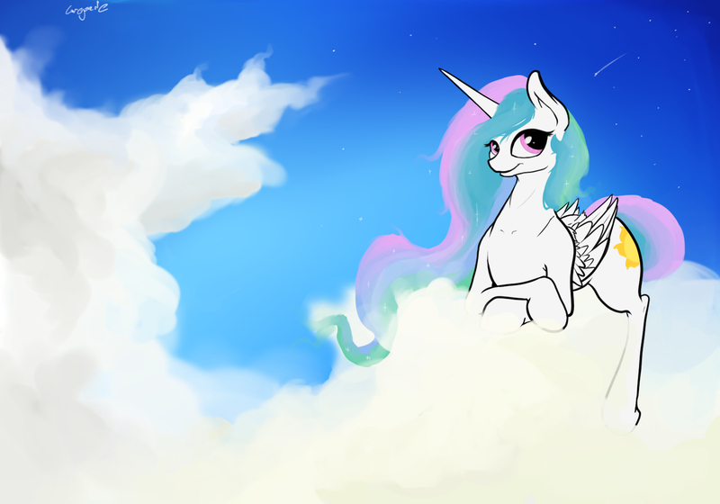 Size: 1440x1008 | Tagged: safe, artist:greyscaleart, derpibooru import, princess celestia, alicorn, pony, cloud, cloudy, sky, solo