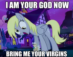 Size: 818x641 | Tagged: safe, derpibooru import, edit, edited screencap, screencap, derpy hooves, mayor mare, pegasus, pony, do princesses dream of magic sheep, caption, cropped, derpysaur, female, hotdiggedydemon, i am your god now bring me your virgins, image macro, macro, mare, meme, wat