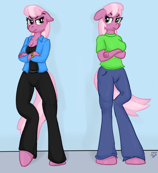 Size: 1501x1645 | Tagged: safe, artist:short circuit, derpibooru import, idw, cheerilee, cherry blossom (idw), anthro, earth pony, unguligrade anthro, angry, breasts, busty cheerilee, cleavage, clothes, crossed arms, female, pants, shirt, sisters, t-shirt, twins