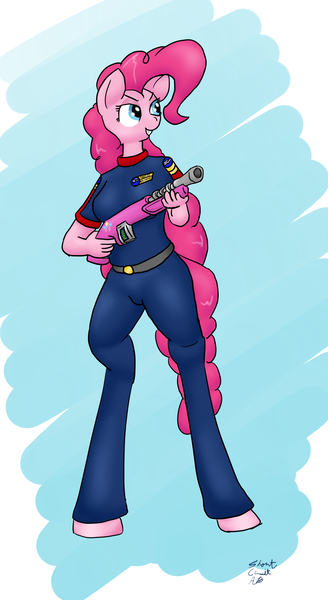 Size: 1543x2820 | Tagged: safe, artist:short circuit, derpibooru import, pinkie pie, anthro, unguligrade anthro, clothes, gun, party cannon, shotgun, solo, uniform, weapon