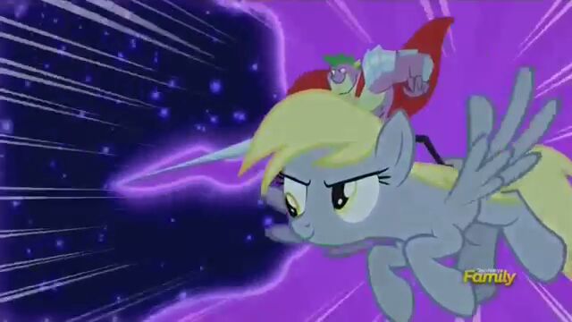 Size: 640x360 | Tagged: safe, derpibooru import, screencap, derpy hooves, spike, tantabus, dragon, pegasus, pony, do princesses dream of magic sheep, beefspike, derpysaur, dragons riding ponies, epic derpy, female, flying, mare