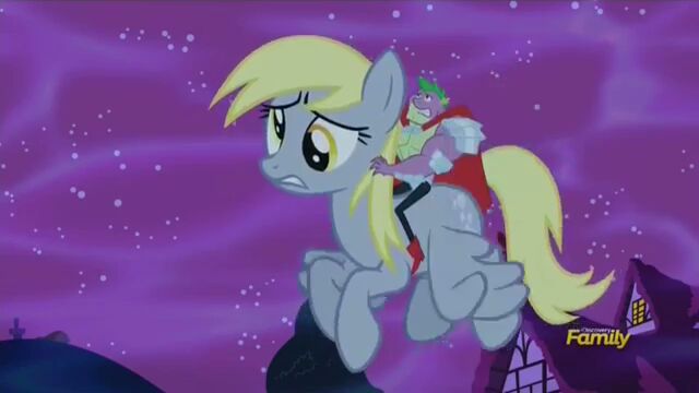 Size: 640x360 | Tagged: safe, derpibooru import, screencap, derpy hooves, spike, dragon, pegasus, pony, do princesses dream of magic sheep, beefspike, derpysaur, dragons riding ponies, female, mare