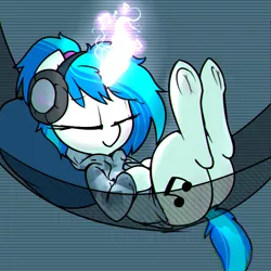 Size: 750x750 | Tagged: safe, artist:whydomenhavenipples, derpibooru import, vinyl scratch, pony, unicorn, abstract background, clothes, cute, explicit source, eyes closed, female, frog (hoof), glow, glowing horn, hammock, headphones, hoodie, hooves, magic, mare, music notes, on back, plot, relaxed, smiling, solo, sweet dreams fuel, underhoof, vinylbetes