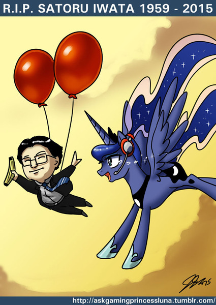 Size: 600x848 | Tagged: safe, artist:johnjoseco, derpibooru import, princess luna, alicorn, human, pony, ask gaming princess luna, gamer luna, balloon, balloon fight, banana, crying, female, flying, mare, nintendo, open mouth, rest in peace, satoru iwata, signature, smiling, spread wings