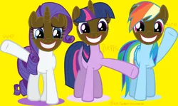 Size: 4188x2499 | Tagged: safe, deleted from derpibooru, derpibooru import, edit, twilight sparkle, pegasus, unicorn, 1000 hours in ms paint, blackface, derpy blackface, female, mare, mouthpiece, out of character, racism, simple background, trio, unicorn twilight, yellow background