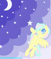 Size: 912x1048 | Tagged: artist:pastelbutterflies, derpibooru import, flying, night, oc, oc:aqua heart, offspring, parent:coco pommel, parent:fluttershy, parents:cocoshy, safe, solo, unofficial characters only