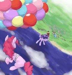 Size: 1804x1880 | Tagged: safe, artist:yeendip, derpibooru import, pinkie pie, rainbow dash, twilight sparkle, twilight sparkle (alicorn), alicorn, pony, balloon, female, flying, lighthouse, mare, suspended, then watch her balloons lift her up to the sky, vertigo, water