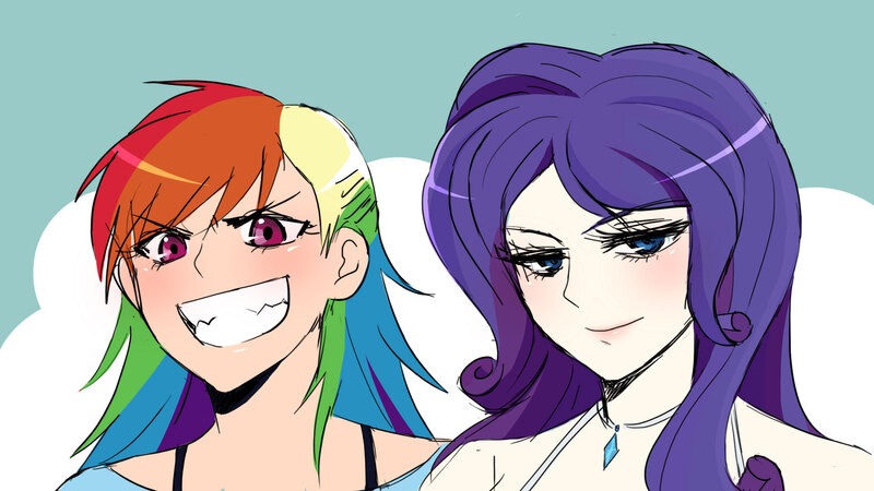 Size: 1920x1080 | Tagged: safe, artist:reef1600, derpibooru import, rainbow dash, rarity, human, grin, humanized, pixiv