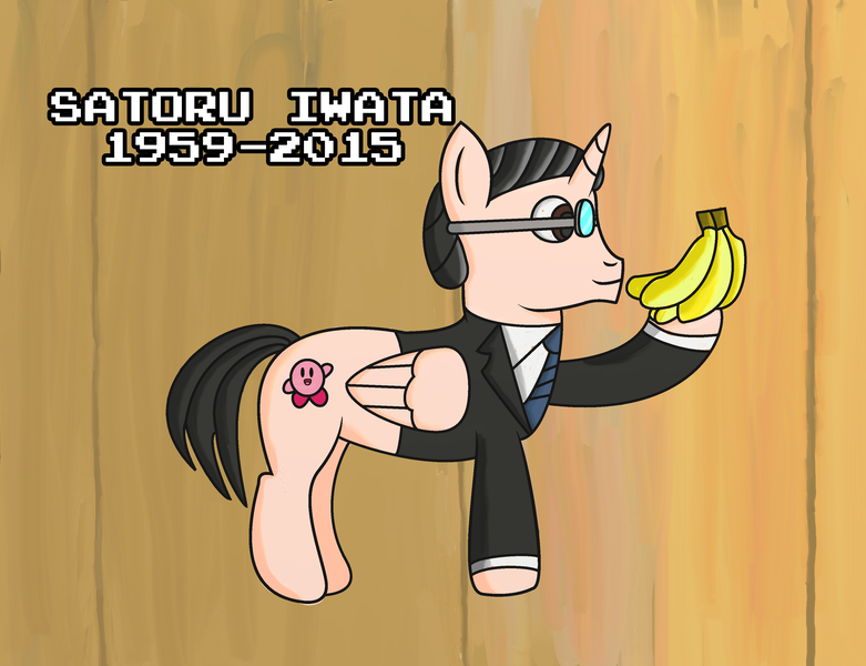 Size: 3320x2552 | Tagged: safe, artist:saburodaimando, derpibooru import, oc, ponified, unofficial characters only, alicorn, pony, alicorn oc, banana, kirby, kirby (character), nintendo, rest in peace, satoru iwata, solo