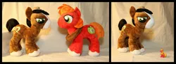 Size: 1600x587 | Tagged: safe, artist:creideiki-se, derpibooru import, big macintosh, trouble shoes, earth pony, pony, comparison, implied shrinking, irl, male, photo, plushie, size comparison, size difference, stallion, toy