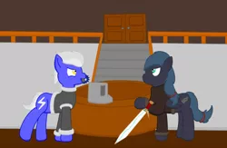 Size: 896x585 | Tagged: safe, artist:minty candy, derpibooru import, oc, oc:night strike, oc:static charge, unofficial characters only, earth pony, pegasus, pony, fallout equestria, fallout equestria: empty quiver, clothes, duel, museum, sword, umbrella