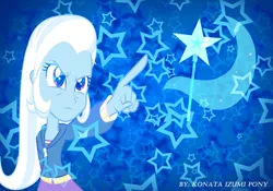 Size: 1097x768 | Tagged: safe, artist:brunoprower500, derpibooru import, trixie, equestria girls, angry eyes, cutie mark, pointing, solo, wallpaper