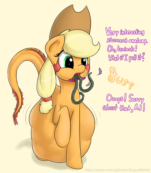 Size: 1317x1509 | Tagged: applejack, artist:augustbebel, belly, big belly, burp, burping up items, derpibooru import, dialogue, endosoma, feather, fetish, for science, monster pony, original species, predajack, preylight, questionable, science, soft vore, tatzljack, tatzlpony, tentacles, tentacle tongue, twilight sparkle, twilight sparkle (alicorn), vore