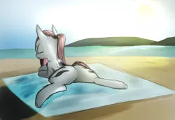 Size: 3780x2598 | Tagged: artist:tenenbris, beach, derpibooru import, oc, oc:marie mord, ponytail, solo, suggestive, sun bathing, tail wrap, unofficial characters only