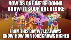 Size: 896x500 | Tagged: safe, derpibooru import, applejack, fluttershy, pinkie pie, rainbow dash, rarity, spike, sunset shimmer, twilight sparkle, twilight sparkle (alicorn), vinyl scratch, equestria girls, rainbow rocks, humane seven, image macro, lyrics, mane seven, mane six, meme, obscure reference, ponied up, rock & rule, song reference