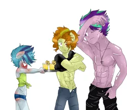 Size: 958x833 | Tagged: suggestive, artist:arantzitahermoxa, derpibooru import, adagio dazzle, aria blaze, sonata dusk, anthro, equestria girls, abs, allegro amoroso, bare chest, blushing, clothes, crucifix, daisy dukes, equestria guys, fabulous custodes, femboy, human facial structure, implied gay, lemonade, male, males only, ouvertis grandioso, pants, rule 63, scherzo lesto, sweat, the blindings, the dazzlings, topless, trap, varying degrees of want