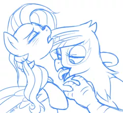 Size: 568x522 | Tagged: suggestive, artist:sorcerushorserus, derpibooru import, fluttershy, gilda, gryphon, blushing, female, gildashy, interspecies, lesbian, licking, monochrome, open mouth, shipping, sketch, tongue out