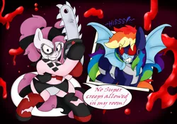 Size: 2400x1684 | Tagged: semi-grimdark, artist:blackbewhite2k7, derpibooru import, pinkie pie, rainbow dash, bat pony, pony, vampire, alternate hairstyle, alternate universe, batman, behaving like a cat, bipedal, blood, chainsaw, comic panel, crossover, harley quinn, hissing, insanity, justice league: gods and monsters, pinkamena diane pie