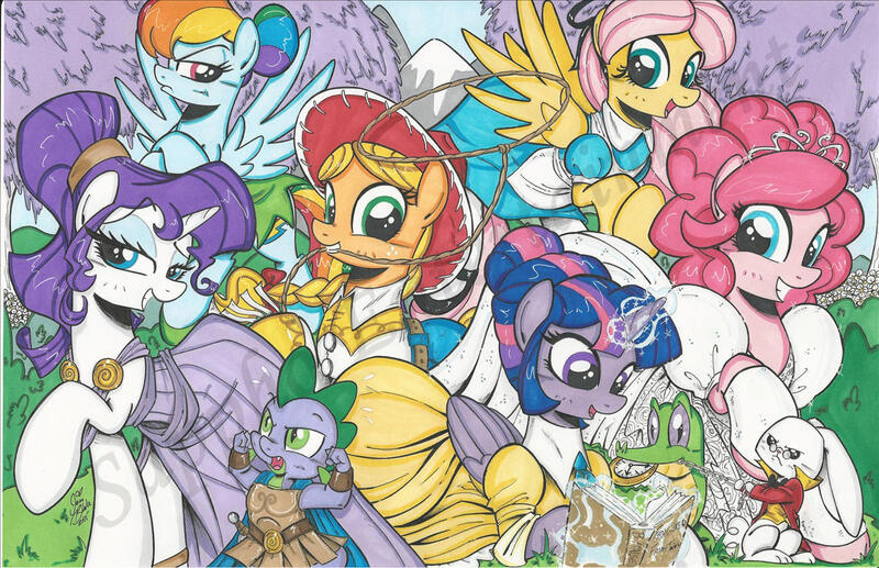 Size: 1205x779 | Tagged: safe, artist:ponygoddess, derpibooru import, applejack, fluttershy, pinkie pie, rainbow dash, rarity, spike, twilight sparkle, twilight sparkle (alicorn), alicorn, pony, alice in wonderland, crossover, disney, enchanted, female, hercules, jane porter, jessie (toy story), mane seven, mane six, mare, megara, tarzan, tinkerbell, toy story, traditional art, watermark