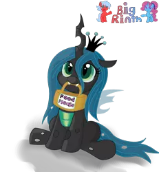 Size: 2080x2248 | Tagged: artist:bigrinth, basket, cute, cutealis, derpibooru import, mouth hold, queen chrysalis, safe, sign, simple background, solo, transparent background