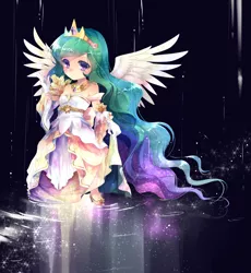 Size: 3500x3800 | Tagged: anime, artist:rurutia8, chibi, clothes, colored pupils, cute, cutelestia, derpibooru import, dress, female, gloves, human, humanized, off shoulder, princess celestia, safe, solo, spread wings, winged humanization, wings