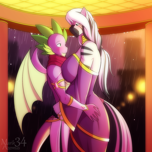 Size: 1000x1000 | Tagged: alternate hairstyle, amazon, anthro, artist:marik azemus34, bedroom eyes, blushing, breasts, busty zecora, clothes, derpibooru import, dragon on zebra action, female, gem, height difference, interspecies, looking at each other, male, older, older spike, saddle arabia, saddle arabian, sexy, spicora, spike, straight, suggestive, topless, winged spike, zebra, zebra on dragon action, zecora