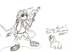 Size: 1290x934 | Tagged: artist:fluffsplosion, confused, derpibooru import, fluffy pony, fluffy pony drowns, glare, impending doom, inkling, monochrome, open mouth, safe, sketch, smarty friend, splatoon, splattershot, stupidity, this will end in ink, this will end in splat, this will end in tears and/or death