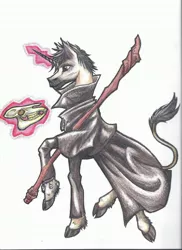 Size: 2295x3156 | Tagged: safe, artist:kt, derpibooru import, ponified, pony, unicorn, bob the skull, commission, crossover, dresden files, harry dresden, male, solo, traditional art, wizard