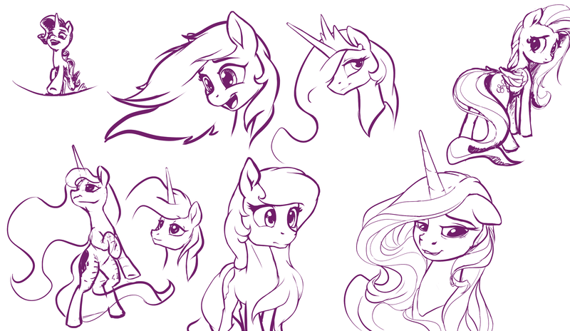 Size: 3048x1769 | Tagged: artist:nadnerbd, derpibooru import, fluttershy, hair over one eye, monochrome, open mouth, princess celestia, princess luna, rarity, safe, sketch, sketch dump, smiling, underhoof