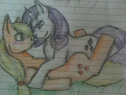 Size: 1024x768 | Tagged: suggestive, artist:beth-is-a-dolphin, derpibooru import, applejack, rarity, blushing, female, grass, lesbian, lined paper, rarijack, shipping, sketch, traditional art