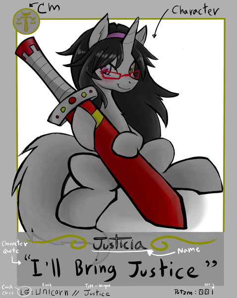 Size: 1665x2090 | Tagged: safe, artist:potzm, derpibooru import, oc, oc:justicia, unofficial characters only, pony, unicorn, blushing, card, doodle, explanation, glasses, solo, sword