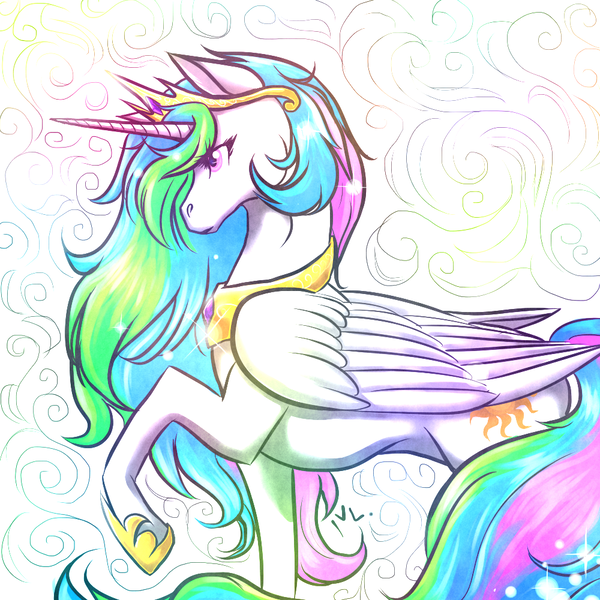 Size: 1000x1000 | Tagged: safe, artist:sn0wy18, derpibooru import, princess celestia, alicorn, pony, abstract background, cutie mark, female, horn, jewelry, raised hoof, regalia, solo, wings