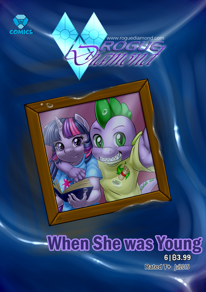 Size: 1024x1448 | Tagged: safe, artist:pia-sama, derpibooru import, spike, twilight sparkle, anthro, comic:rogue diamond, bitcoin, book, comic cover, cryptocurrency, image, picture, picture frame, png, selfie, water, younger