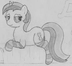 Size: 1280x1164 | Tagged: artist:fly1ngsquid, bedroom eyes, clothes, derpibooru import, drawing, female, minuette, monochrome, sketch, socks, solo, solo female, striped socks, suggestive, traditional art